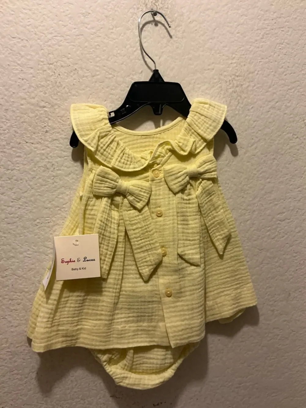 Sophie & Lucas Pale Yellow Baby Dress Romper with Bows